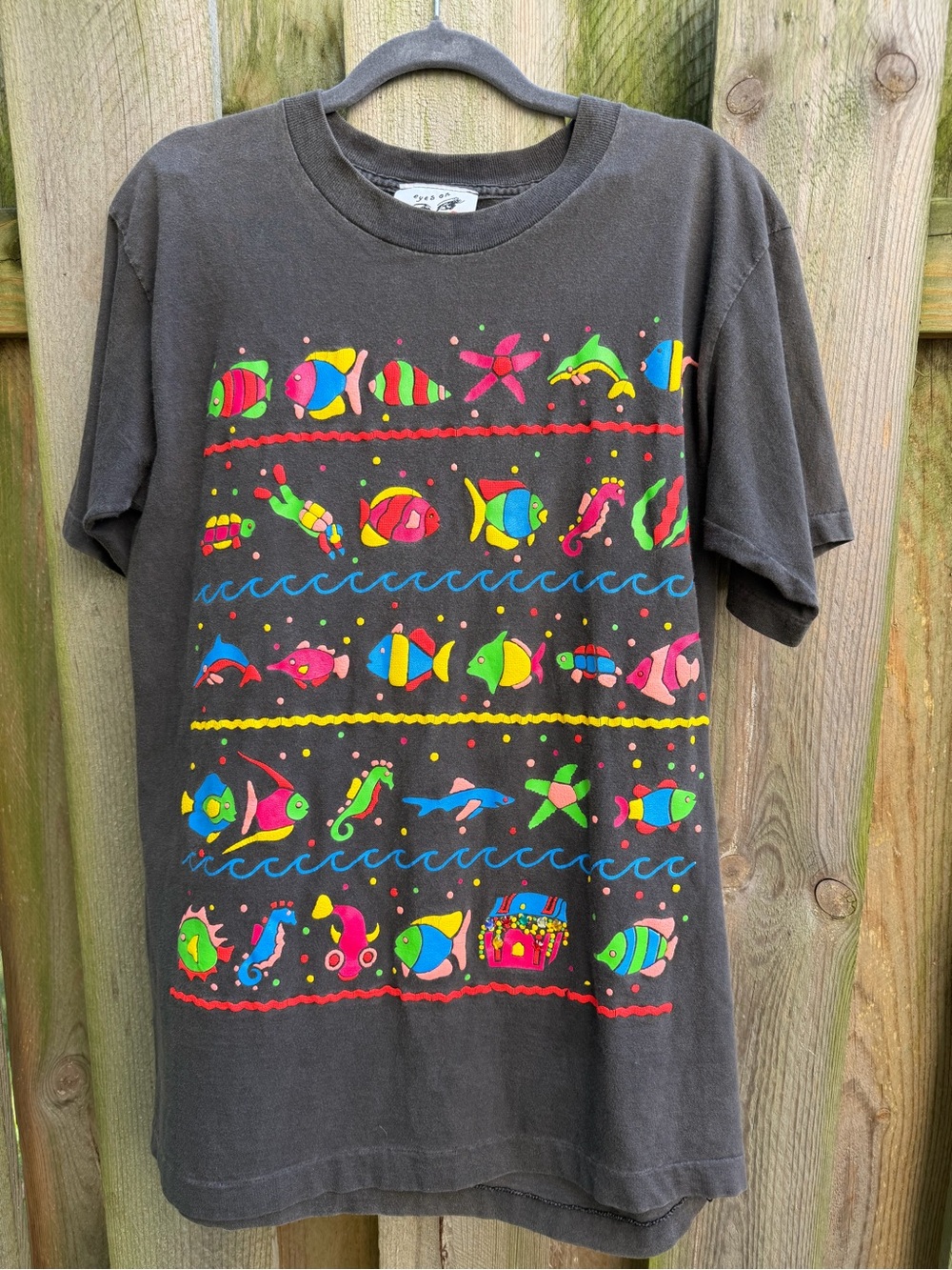 Vintage 90s Eyes On California Fish Neon Graphic T-Shirt One Size Fits All